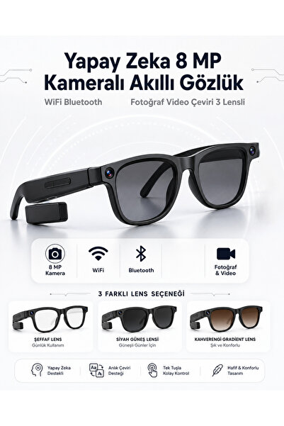 EN SİGA Yapay Zeka 8 MP Kameralı Akıllı Gözlük WiFi Bluetooth Fotoğraf Video ...