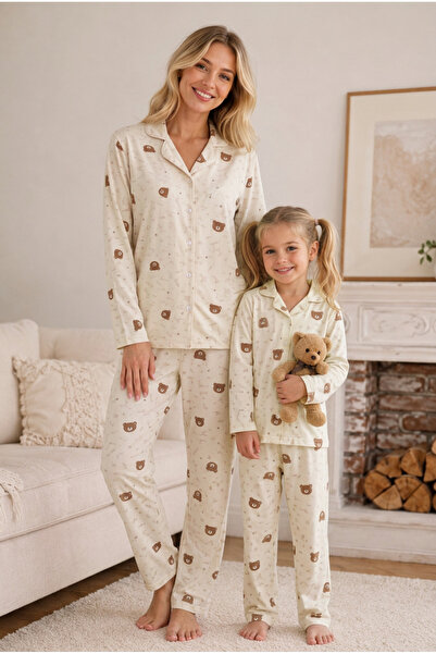 zepkids Mother Daughter Pajama Set Powder Teddy Bear Patterned Long Sleeve Co...