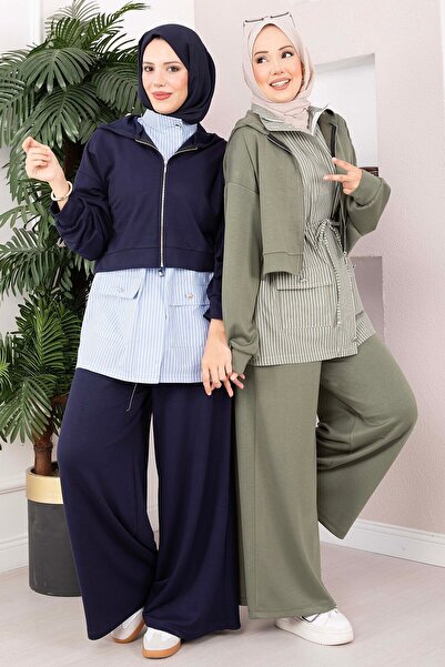 EBRUTESETTÜR Stripe Garnished Sports Three-Piece Suit Navy Blue