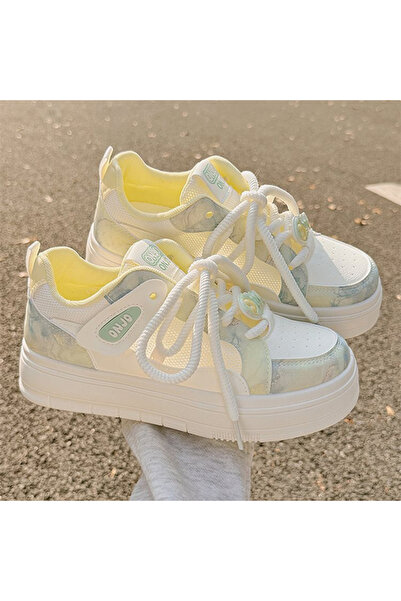 dorbe Women's Green and White Floral Mesh Chunky Sneakers