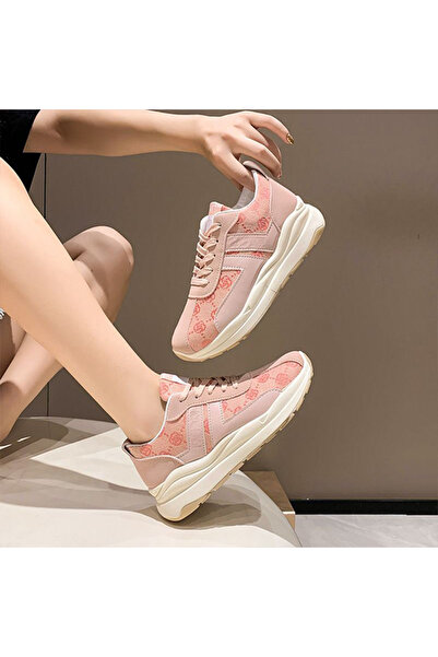 dorbe Women's Pink Floral Canvas Chunky Lace-Up Sneakers