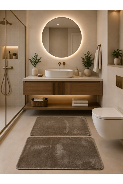 Lionhome Peluş Banyo Paspası Klozet Takımı 2'li Set Yıkanabilir Renk Vizon Ka...
