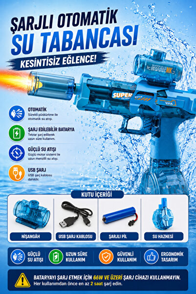 Kılıforyum Şarjlı Otomatik Su Tabancası – Sürekli Su Püskürtme, Nişangahlı, S...