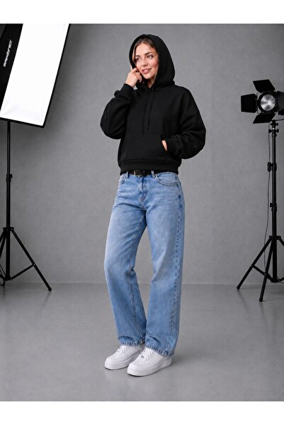 herkesemoda Women's Hooded 2 Thread Raster Crop Length Oversize Sweatshirt wi...