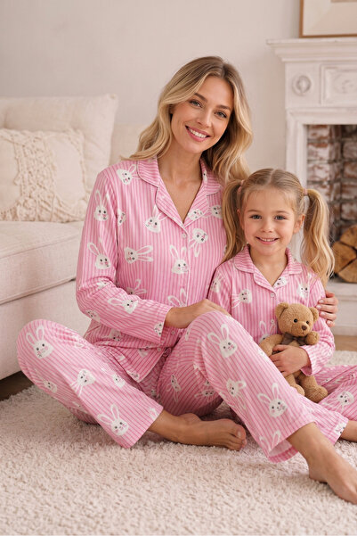 zepkids Mother Daughter Pajamas Set Pink Rabbit Pattern Long Sleeve Comfortab...