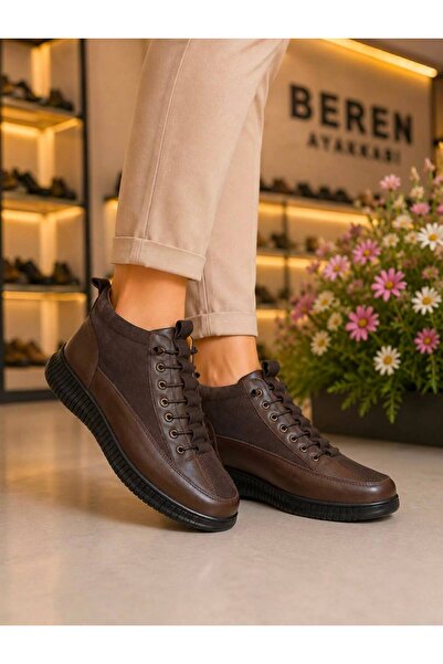 Hakiki Deri Kahverengi Kadın Bot Süet Garnili Bağcıklı Ortopedik Comfort Günlük Casual Sneaker Bot