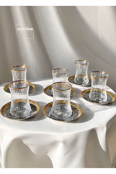 Şahika kristal 12 Piece Leila Gold Tea Presentation Set for 6 People