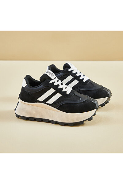 dorbe Women's Black Striped Chunky Lace-Up Sneakers