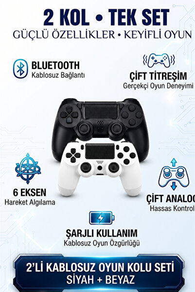 Maybax 2'li Kablosuz Oyun Kolu Seti Bluetooth Titreşimli Şarjlı PC Laptop Tablet Telefon Uyumlu Siyah ve Beyaz