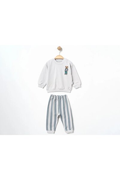 Valia Baby Teddy Bear Embroidered Striped Baby Boy 2-Piece Set