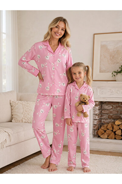 zepkids Mother Daughter Pajamas Set Pink Rabbit Pattern Long Sleeve Comfortab...