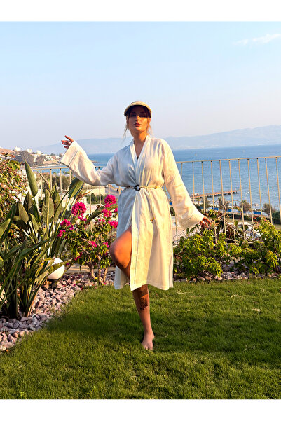 FAYY Japanese Tenugui Detailed Linen Kimono - Ecru Double-Breasted Tie-Up Jacket