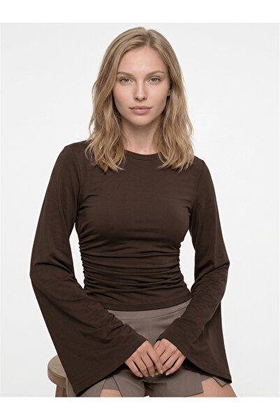 Cupla Women's Fabric Ruffle Detail Wide Sleeve Blouse Brown