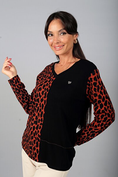By Saygı Women's Leopard Patterned Heart Brooch V-Neck Long Sleeve Blouse