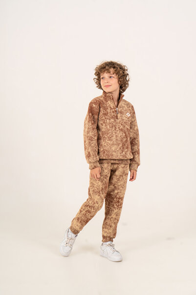 Rotito Boy's Tie-Dye Patterned Half-Zipper 3 Thread Sweatshirt Tracksuit Set