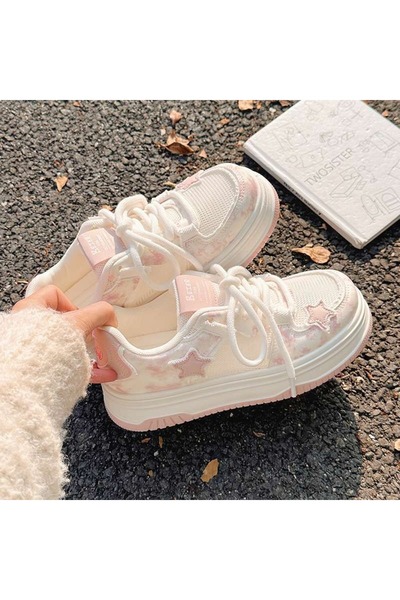 dorbe Women's White and Pink Star Mesh Chunky Sneakers