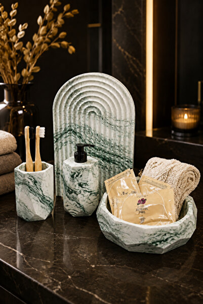 betonmall 4 Piece Marble Patterned Concrete Bathroom Set Presentation Tray Li...