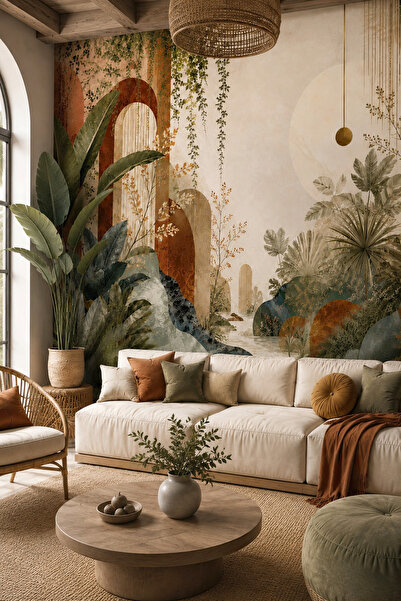 dreamwall Altın Ufuk Bahçeleri Boho Botanik Desenli Tek Parça Tekstil Duvar Kağıdı