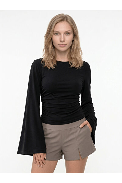 Cupla Women's Fabric Ruffle Detail Wide Sleeve Blouse Black