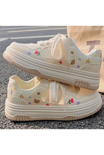 dorbe Women's White Doodle Mesh Chunky Lace-Up Sneakers