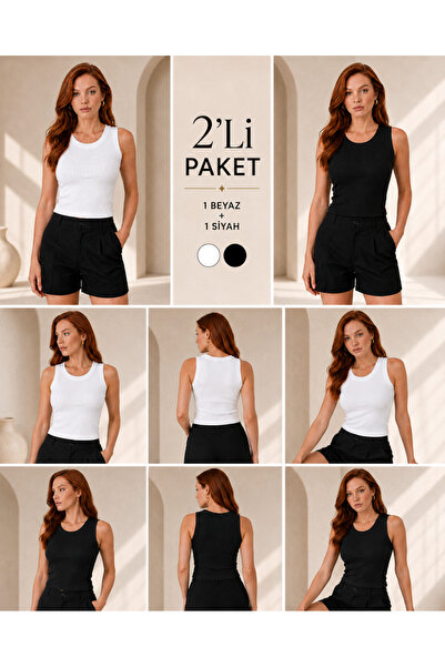 WOMAN VISION Women's Round Neck Ribbed Sleeveless Basic 2-Piece Black-White Blouse 001