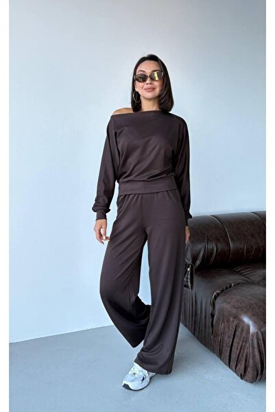 NEW JOURNAL Women's Bitter Brown Oysho Fabric Boat Neck Double Set Elt4006