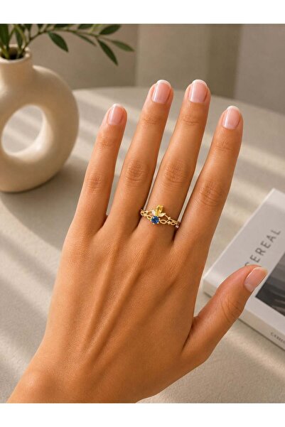 MARE BUTİK Gold Steel Ring with Blue Stone Crown Figure