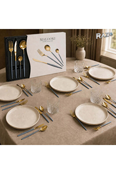 Razo Set de tacâmuri, 24 de piese din inox pentru 6 persoane, albastru cu auriu