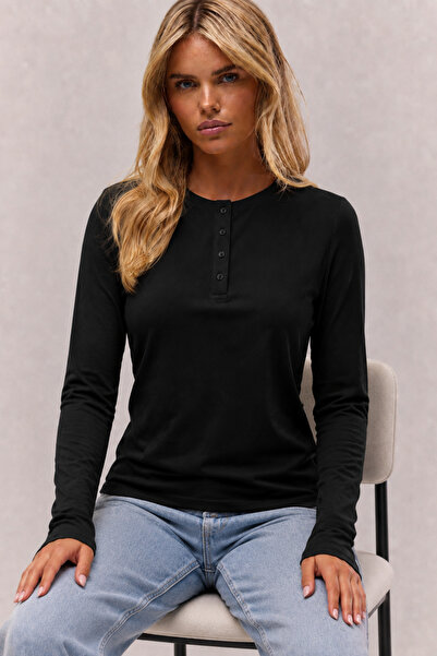 Tarz Cool Women's Buttoned Crew Neck Long Sleeve Slim Fit Cotton T-Shirt