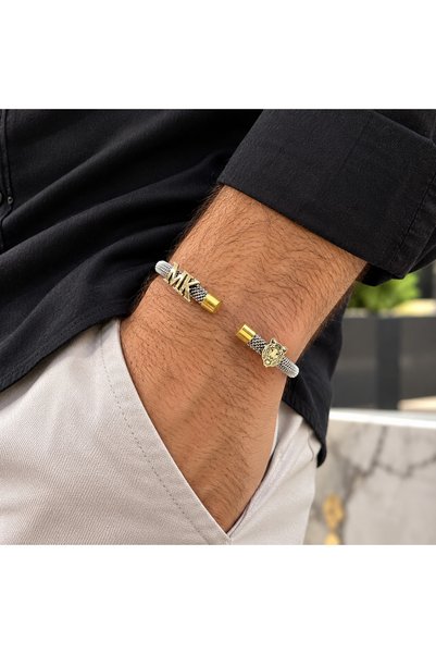 simurg jewellery Gümüş Harf ve Kaplan Sembollü Beyaz Çelik Bileklik