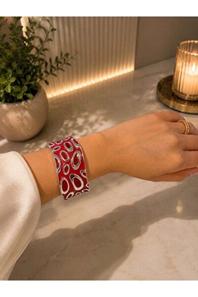 MARE BUTİK Red Patterned Silver Color Wide Bracelet