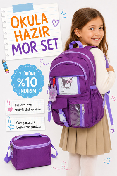 Ayakkabı Deryası Kız Erkek Çocuk Okul Çantası ve Beslenme Çantası 2'li Set Ço...