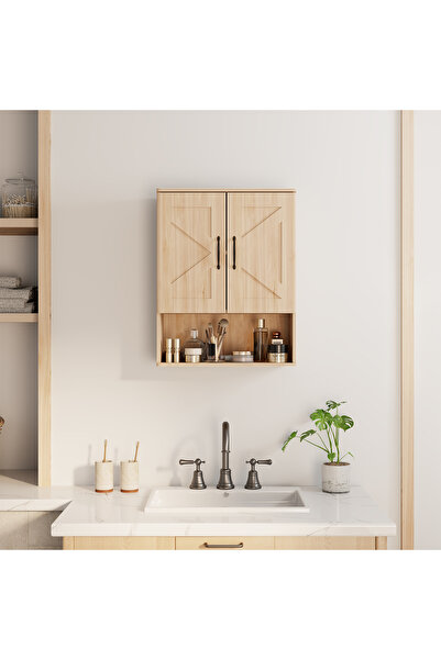 Bukela Natural Wood Wall Cabinet, Floating Wall Mounted Storage Cabinet, Wood...