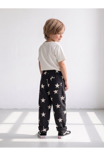 Catz Kids Siyah Ekru Yıldızlı Carrot Pantolon + Ekru Penye T-Shirt