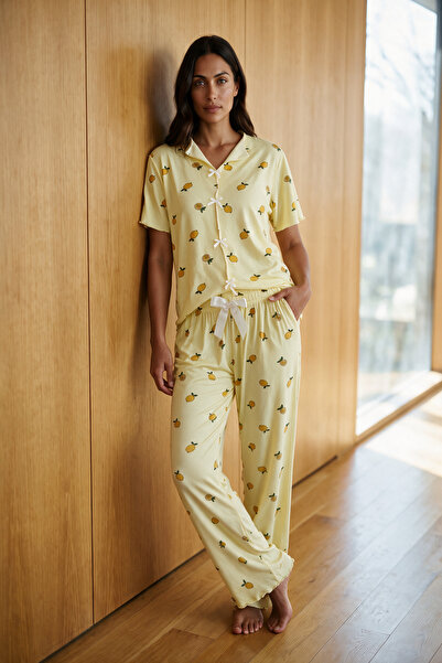 eftelya boutique Kadın Sarı Limon Desenli Kısa Kollu Uzun Pijama Takımı