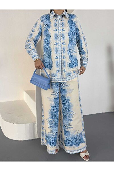 NEW JOURNAL Women's Ecru Chokella Fabric Patterned Shirt and Trousers Set Jen...