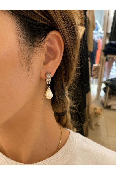 MARE BUTİK Pearl Drop Detailed Silver Color Dangle Earrings