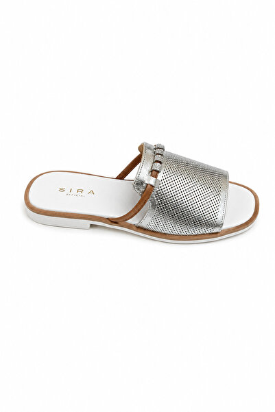 Sira Official Mela Silver Stone Detailed Genuine Leather Slippers
