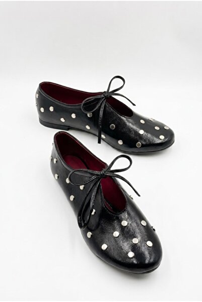 İX Lotus Women's Shiny Patent Leather Staple Detailed Bow Lace-Up Casual Flat...