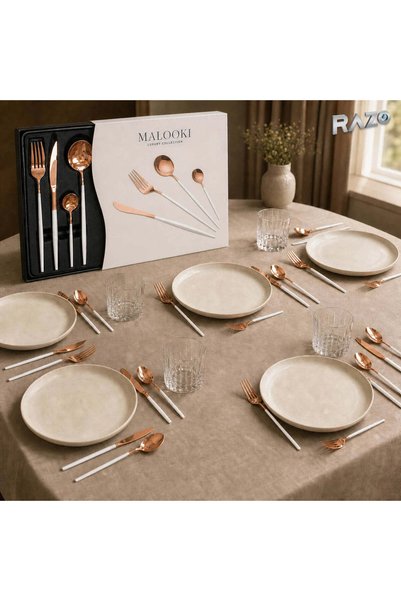 Razo Set de tacâmuri, 24 de piese din inox pentru 6 persoane, alb cu arămiu