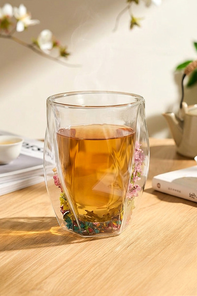 NESS HOME 250 ml Çift Cidarlı Borosilikat Cam Kurutulmuş Çiçekli Bardak Çay Kahve Kupası