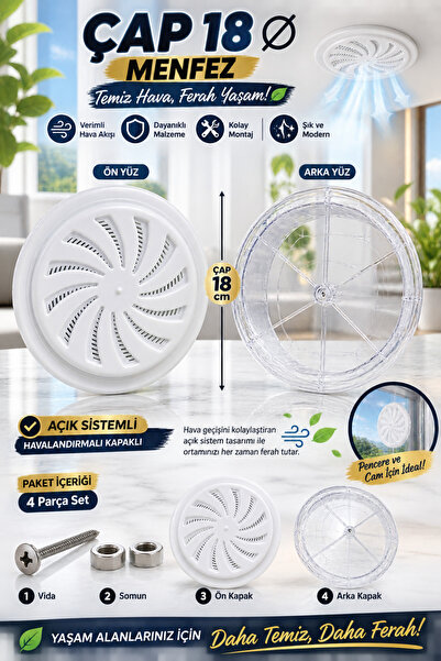 Çap 18 cm Menfez Havalandırma Kapağı – Açık Sistemli, Beyaz Ön Kapak & Şeffaf Arka Kapak – Çift Taraflı Set