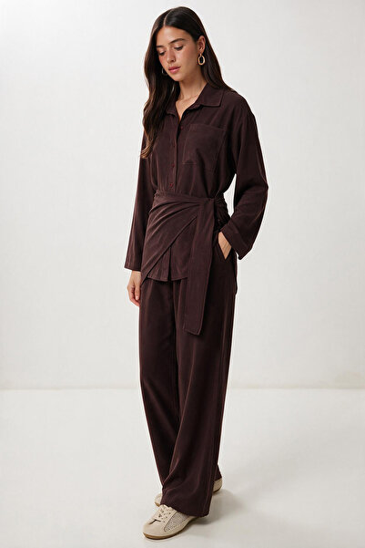 Lovelyİstanbul Scarf Detailed Gabardine Shirt and Trousers Set Lby0070 Mürdüm