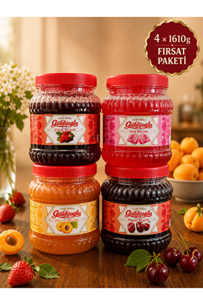 Geleneksel Karışık Reçel Seti 1610 gr x 4 Adet (Gül, Kayısı, Vişne, Çilek - Toplam 6.44 Kg)
