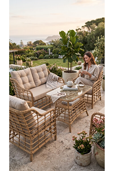KARAGÜL PRIME Toskana Premium Alüminyum 2+1+1 60x90 Masa Bambu Rattan / Kapiç...