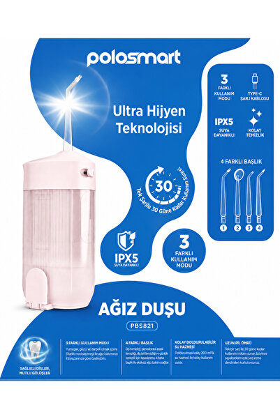 Polosmart Şarjlı Ağız Duşu 3 Modlu 4 Başlıklı Suya Dayanıklı Pembe