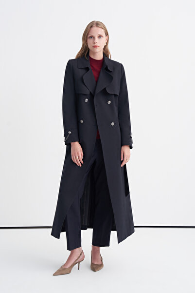 Zühre Chain Accessory Detailed Belted Navy Blue Trench Coat 13560