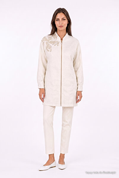 Zühre Elegant Stone Embroidered Zipper Jacket Vanilla Jacket 0190
