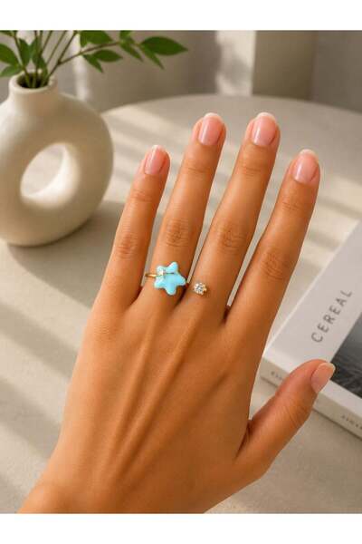 MARE BUTİK Gold Steel Ring with Turquoise Star Detail
