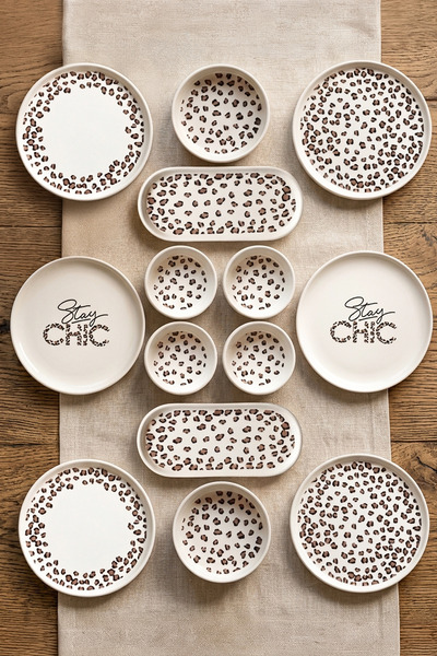 Kitchen Life 14 Piece 6-Person Premium Stackable Leopard Breakfast Set